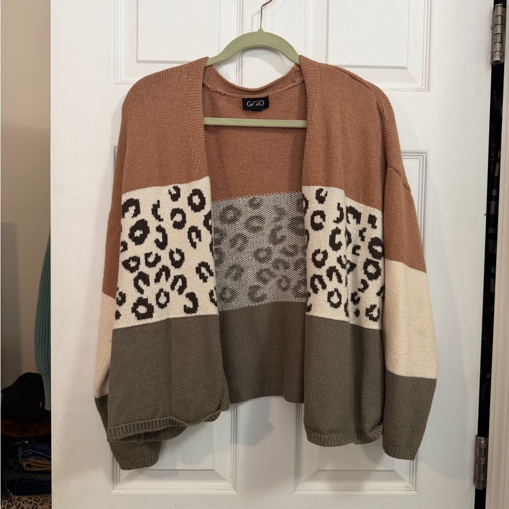 Women's Leopard Pattern Cardigan - tan, cream, green
